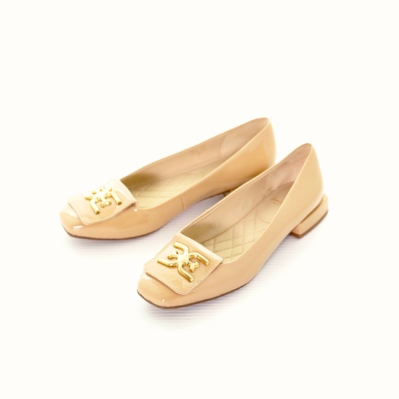 Sam Edelman Emina Square Toe Nude Shiny Flats 8M Like New Logo Classic Neutral - Picture 2 of 7